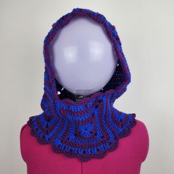 New Crochet Handmade Balaclava Granny Square Blue Purple Scalloped Edges - Picture 14 of 16